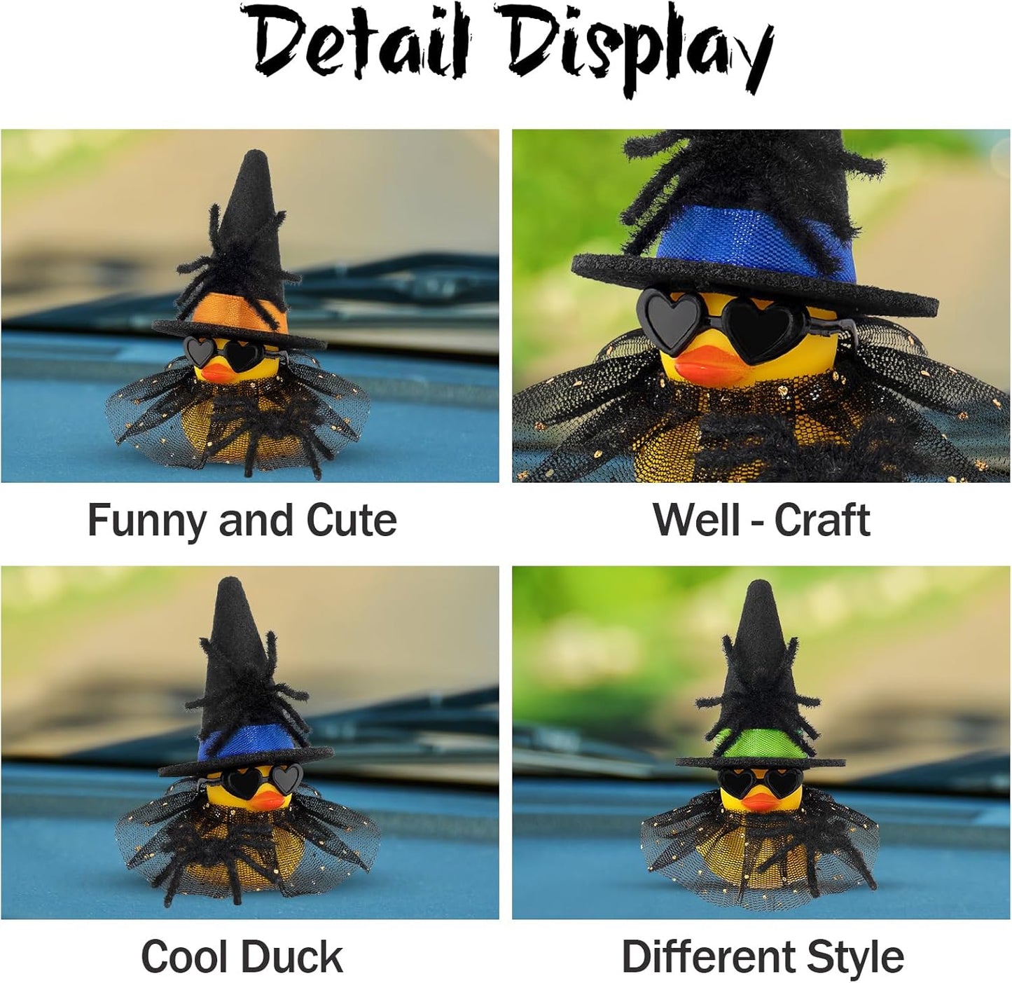 wonuu Car Dashboard Spider Witch Rubber Ducks for Halloween, Decorations Duck for Office Desk Ornament Accessories with Hat Glasses Skirt, for Halloween Party Gifts (Gold Point Skirt Orange)