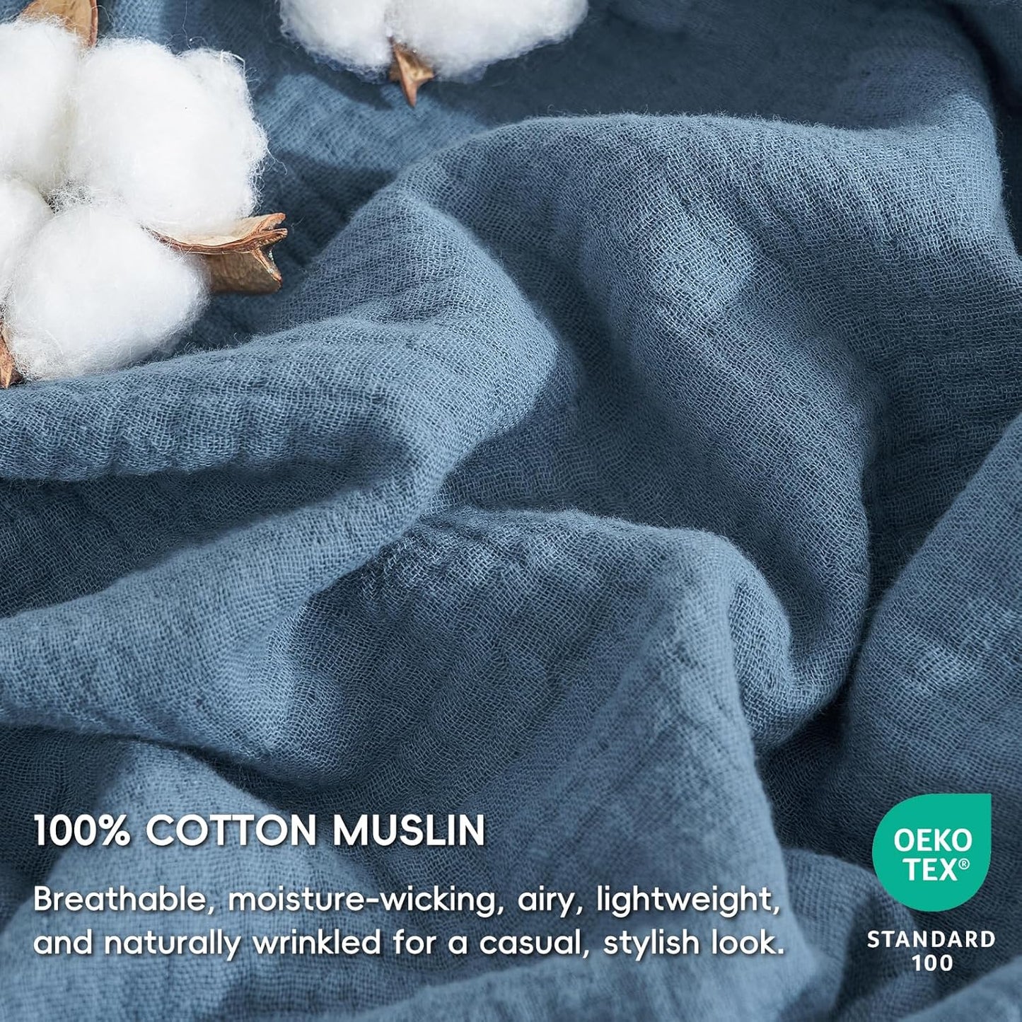 PHF Cotton Muslin Comforter Set Queen Size – Ultra Soft, Breathable & Lightweight Bedding Set for All Seasons, 3 Pieces - 1 Comfy Comforter 90"x90", 2 Pillow Shams 20"x26", Captain's Blue