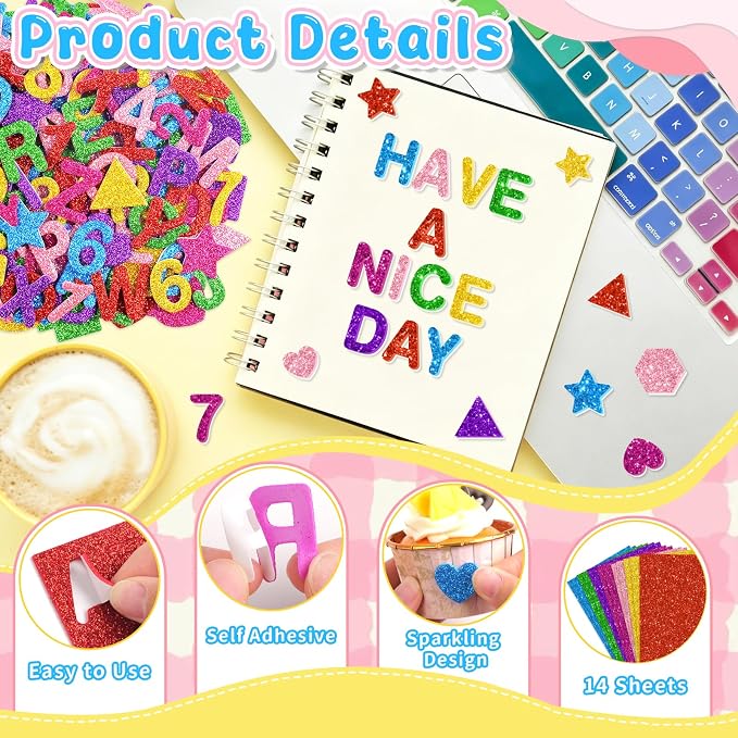1568 Pcs Foam Letter Stickers Glitter, Self-Adhesive Glitter Alphabet Stickers