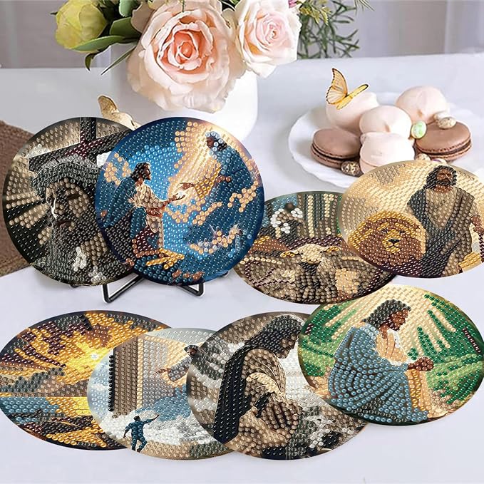 8 Pack Diamond Art Coasters, Jesus Christ Diamond Painting Coasters Kits |