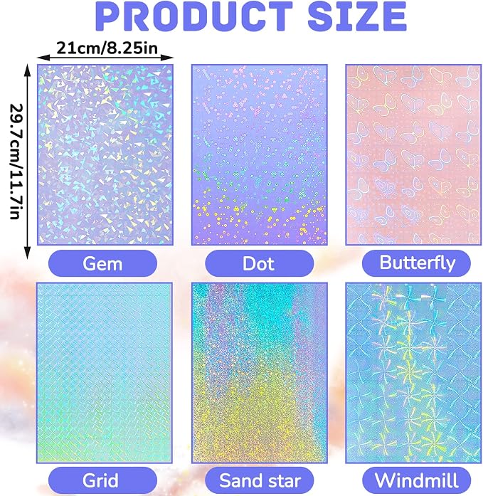 Clabby 36 Sheets Holographic Sticker Paper A4 Vinyl Holographic Laminate Sheets