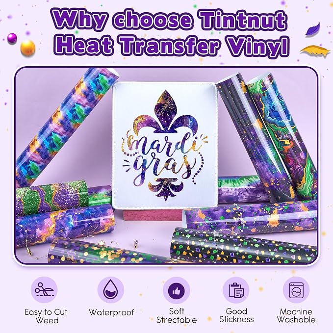 Tintnut Mardi Gras Sparkle HTV Vinyl, easy cut & weed, stretch washable