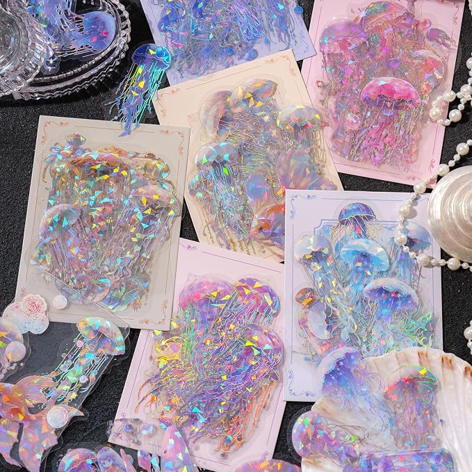 120 Pcs Holographic Glitter Jellyfish Ocean Life Stickers