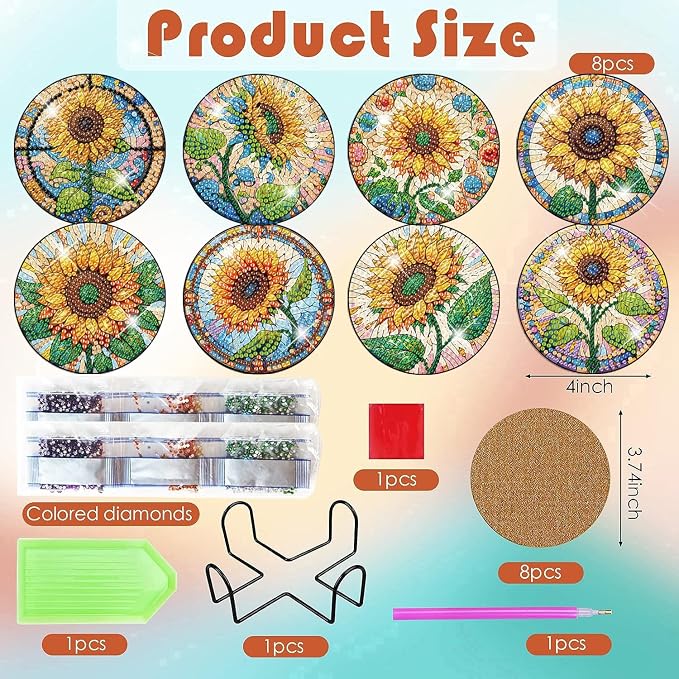 ijbnhd 8 PCS Sunflower Diamond Painting Coasters | Sunflower Diamond Art