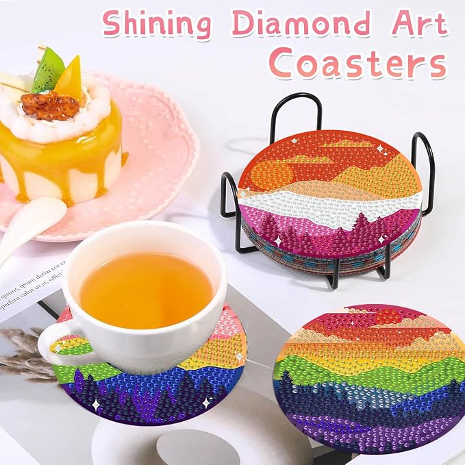 8 PCS Diamond Art Coasters Kits Moutain Sunset Diamond Painting Coaster |