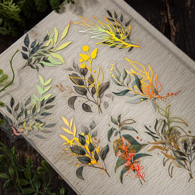Yoksas 240Pcs Holographic Golden Foil Nature Flowers Plants Stickers