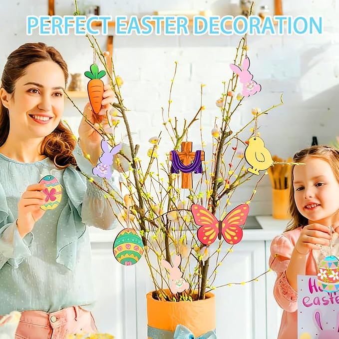48Pcs Paintable Wooden Easter Ornaments Unfinished Wood Cutouts