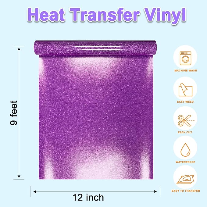 DUEUIOE Purple Glitter HTV Heat Transfer Vinyl Roll