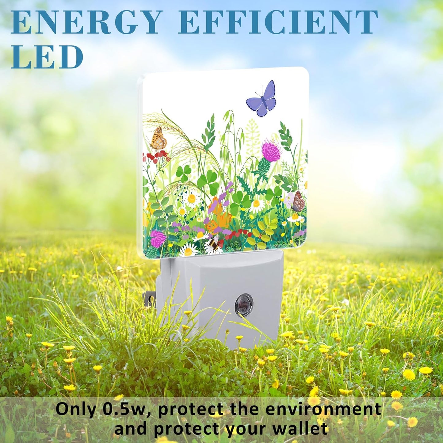 Summer Meadow Plants and Insects Night Light Plug into Wall with Dusk to Dawn Sensor Cute Nightlight for Kid Girls Boys Women Men Room Decor, Hallway, Kitchen, Bathroom, Nursery, Stairs