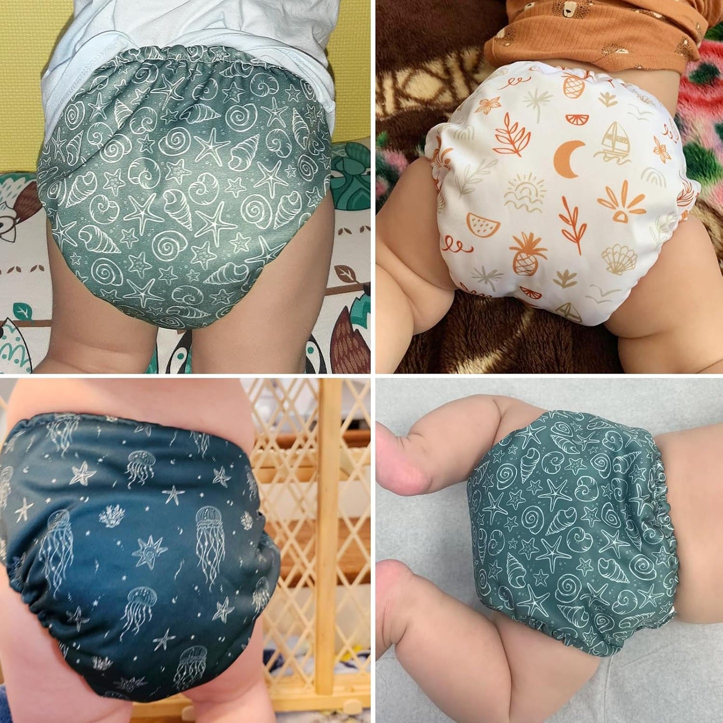 Mama Koala 3.0 Cloth Diapers for Babies with AWJ Lining, 6 Pack with 6 5-Layer Natural Cloth Diaper Inserts - Reusable and Washable Pocket Diapers(A-Seashore)