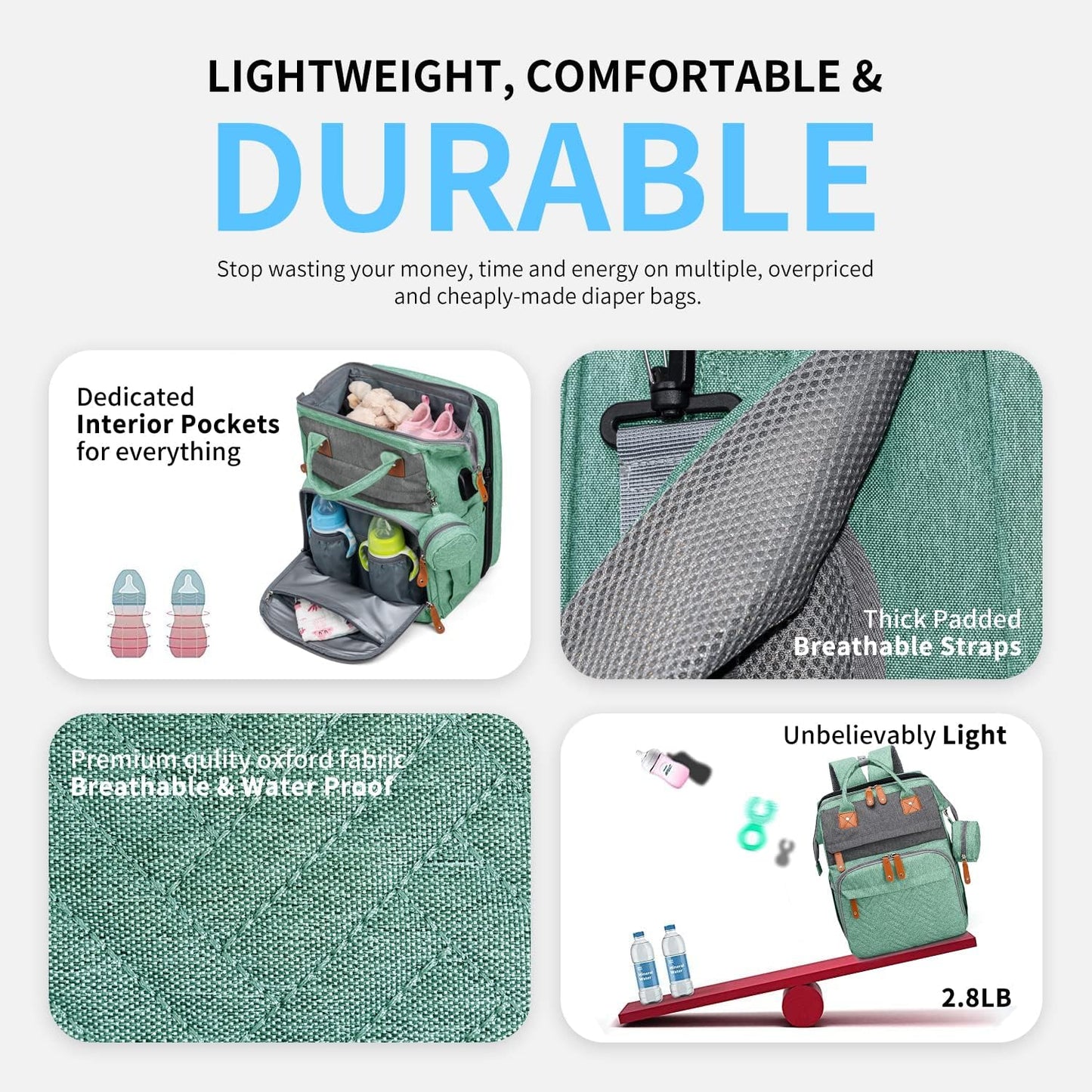 KABAQOO Diaper Bag Backpack with Detachable Changing Station, Large Capacity Baby Diaper Bags for Boys & Girls, Baby Registry Search Stuff & Shower Gifts, Newborn Essentials Must Haves, Green Grey