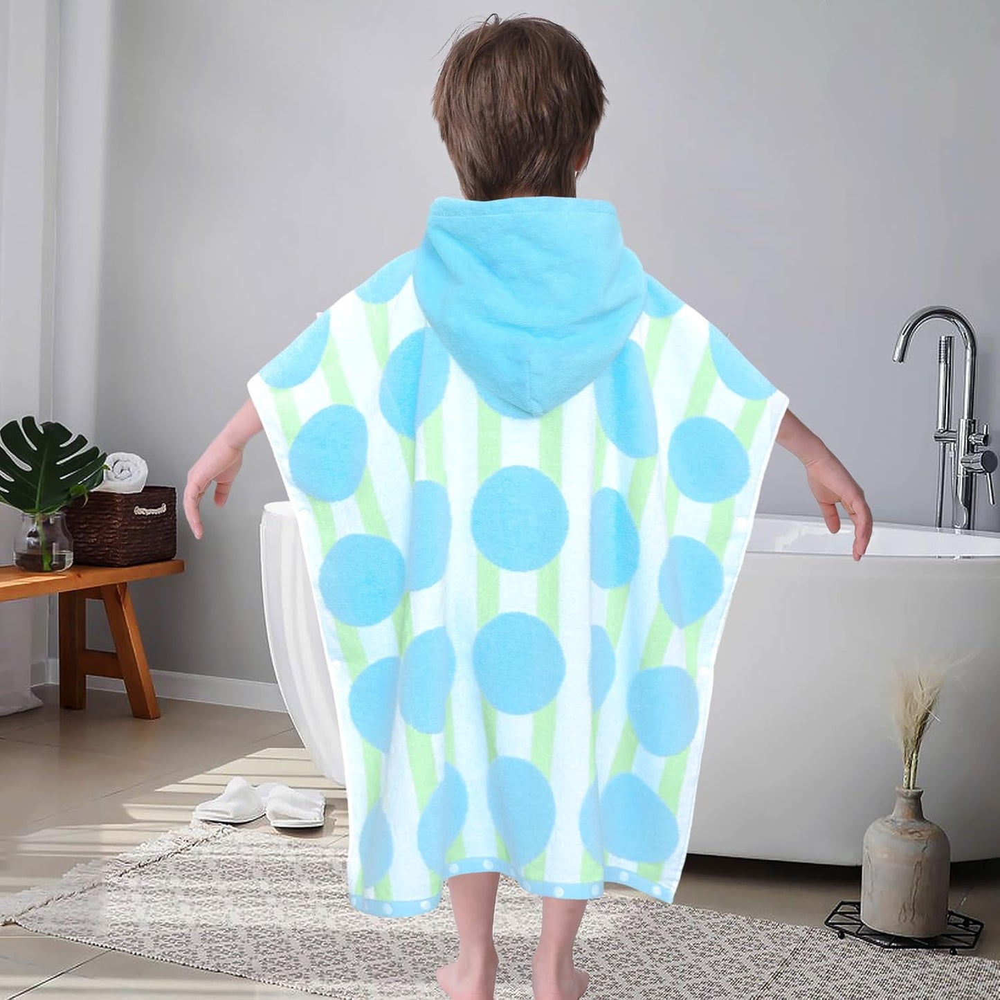 VOOVA & MOVAS Kids Poncho Towels with Hood (4-8Years), Absorbent Quick Dry Lightweight Hooded Beach Towel for Pool | Swim | Bath, Blue Dot Strip