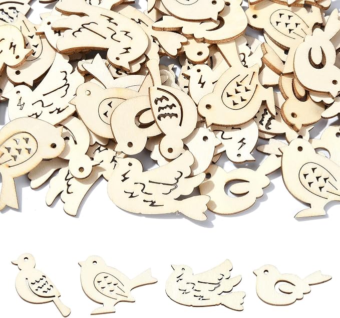 200 Pcs Unfinished Wooden Bird Cutouts Wood Animals Shapes Blank Wood Slices