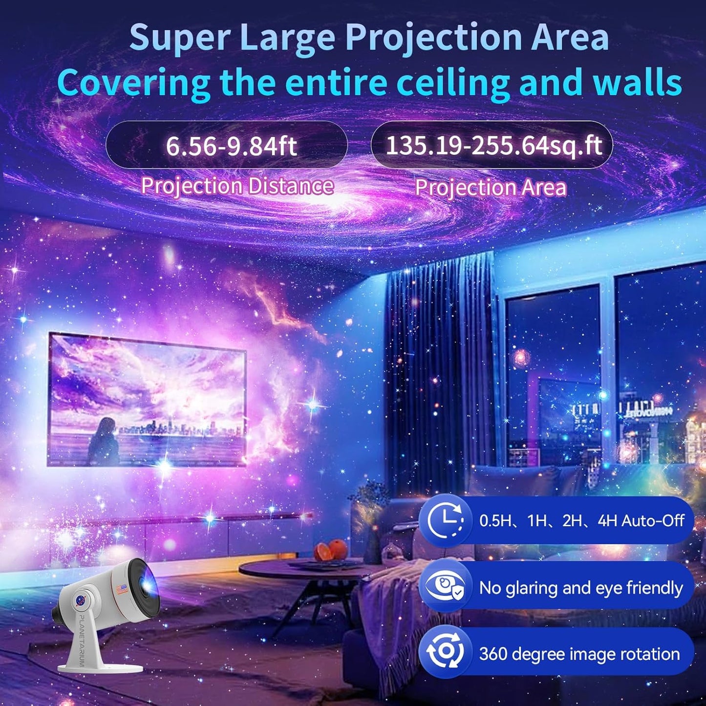 Star Projector,Galaxy Projector Upgraded Clear Lens, 10 Realistic Planetarium Projector Slides Night Lights LED 8 Color for Bedroom, 360° Rotation, 1/2h Timer Function Ultra-Wide Ceiling Projector