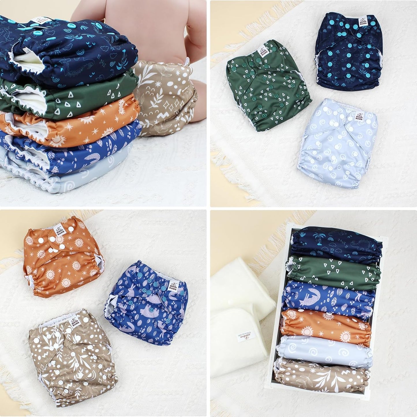 Mama Koala 3.0 Cloth Diapers for Babies with AWJ Lining, 6 Pack with 6 Natural Cloth Diaper Inserts - Reusable and Washable Pocket Diapers (Natural Elements)