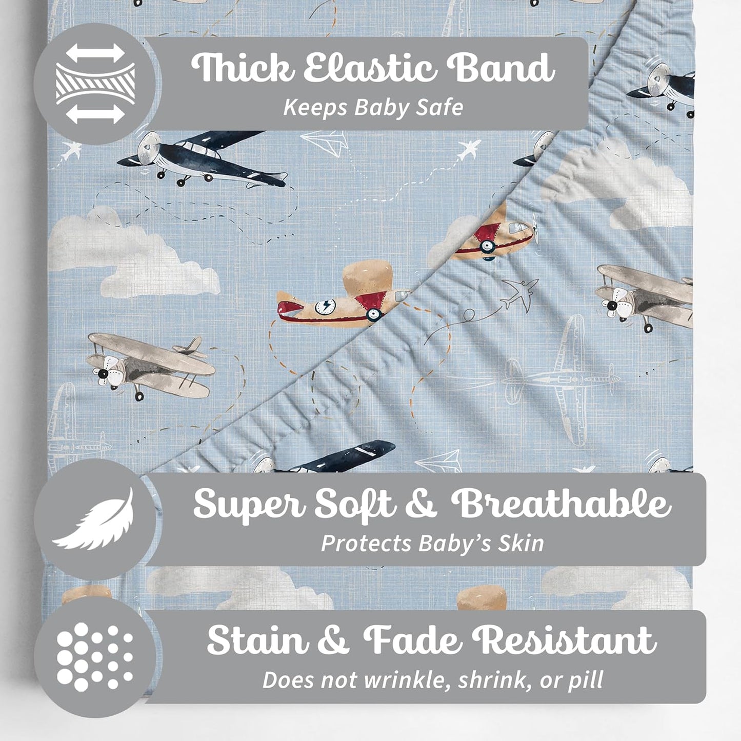 Crib Sheets Neutral - Fitted Baby Crib Sheets Bed for Girl Boy - 2 Pack Standard & Toddler Mattress - Buttery Soft Organic Cotton Blend (Airplanes in The Clouds)