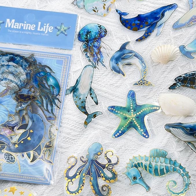 50PCS Marine Animal Stickers Aesthetic Transparent PET Sticker Gold foil