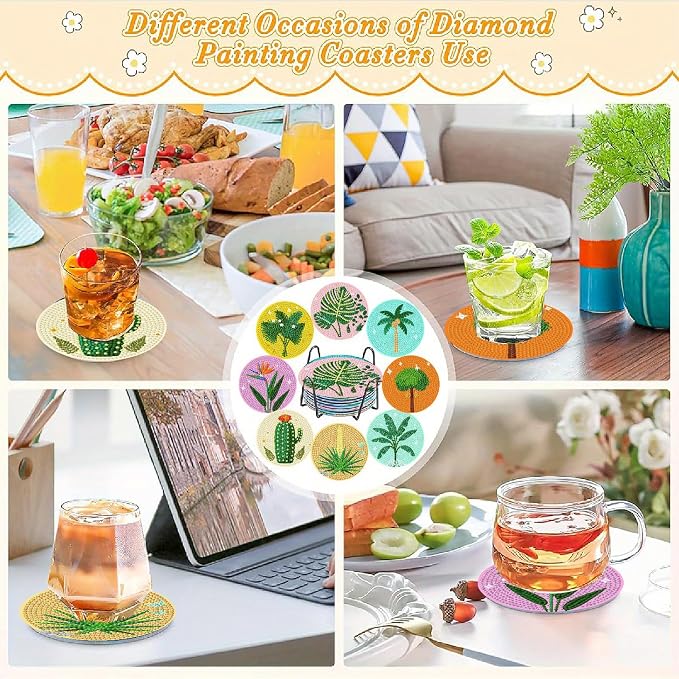 Clendo 8 Pcs Green Plants Diamond Painting Coasters Kits