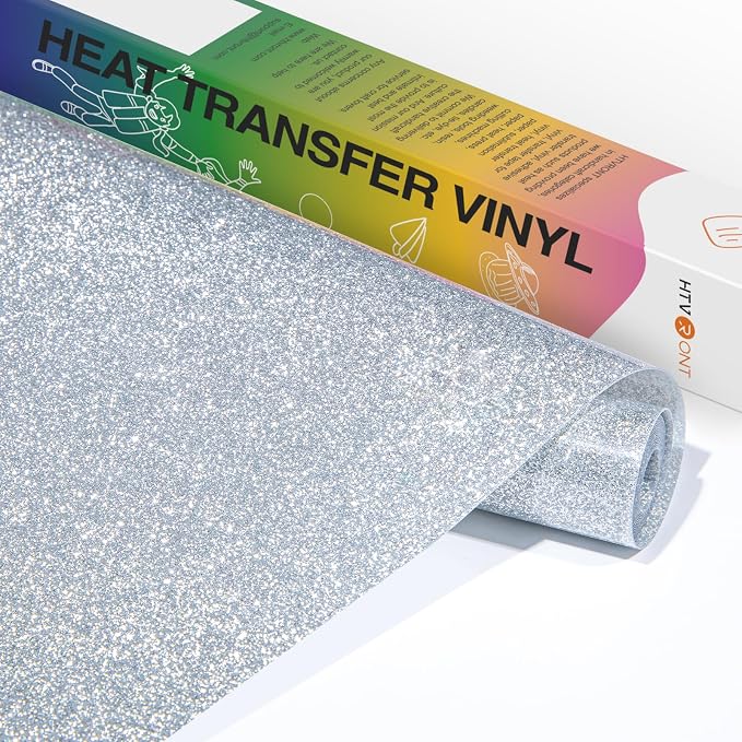 HTVRONT Silver Glitter HTV Vinyl- 10” x 5ft Silver Glitter Iron On Vinyl |