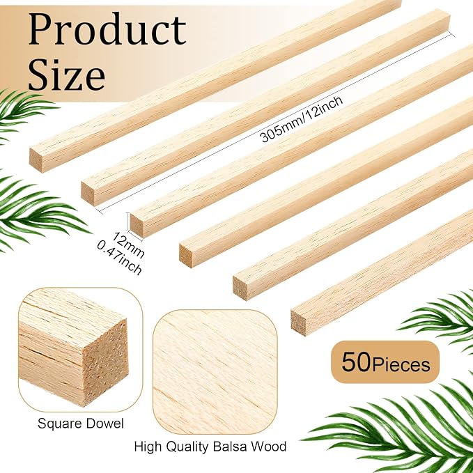 Yulejo 50 Pieces Balsa Wood Sticks, 1/2 x 1/2 x 12 Inch Square Wooden Dowels