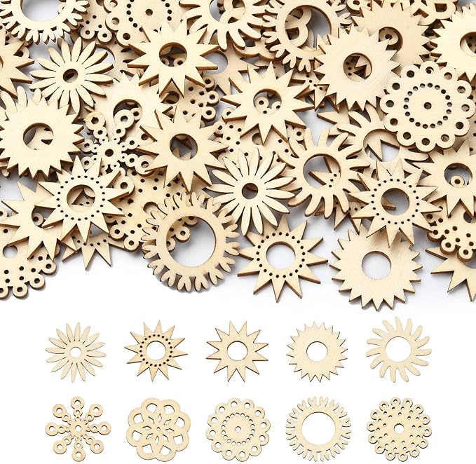 200 pcs Mixed Styles Sunflower Theme Unfinished Wood Cutout Charms Daisy Flower