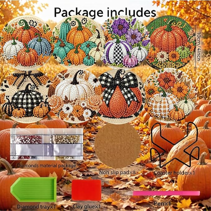 LWZAYS 8 PCS Fall Pumpkin Diamond Art Coaster Kits