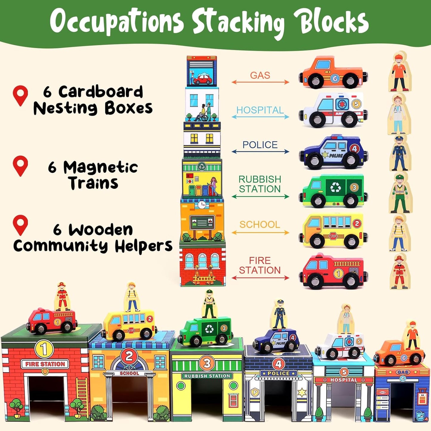 Atoylink Toddler Sorting and Stacking Toys with Magnetic Wooden Cars & Community Helpers, Baby Number Blocks Nesting Boxes Preschool Learning Montessori Toys for 1 2 3 Year Old Boys Girls Gift