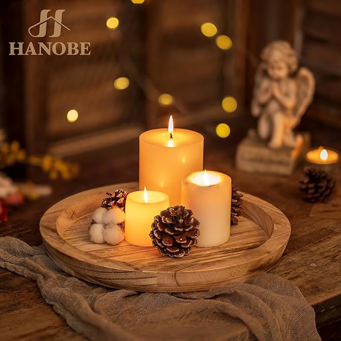 Hanobe Wooden Decortaive Coffee Table Tray, Round Candle Holder Centerpiece |