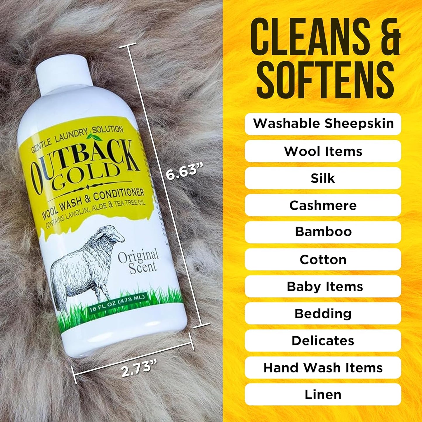 Outback Gold Wool Wash, 16 oz, Original Floral Scent, Plant Based, HE Compatible, Liquid Laundry Detergent, Perfect Soap for Wool, Cashmere, Silk, Sheepskin, Baby Items, Mild, Neutral pH, Made in USA