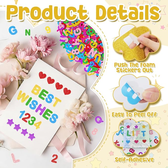 Foam Letter Stickers, 7 Sheets 3D Glitter Alphabet and Number Stickers