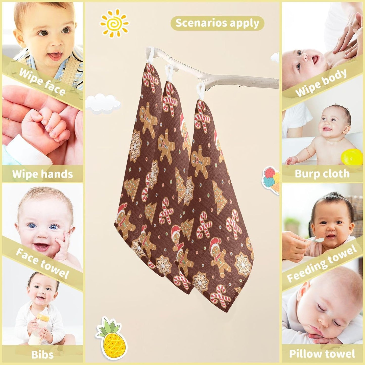 Christmas Gingerbread Candy Muslin Burp Cloths Baby Burp Cloths for Boys Girls Snowflake Tree Baby Muslin Washcloths Baby Essentials for Newborn Soft Absorbent 12x12in, 3 Pack