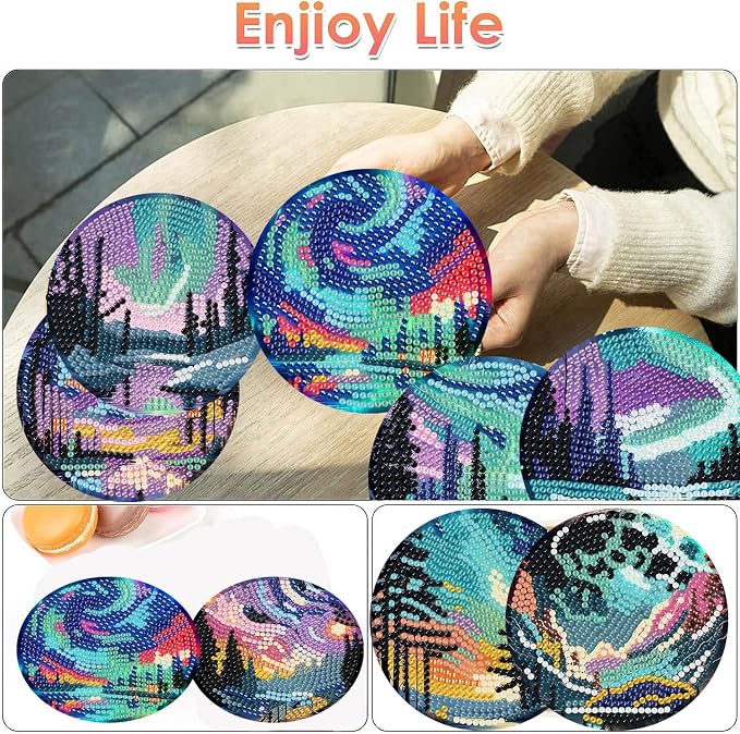 ijbnhd 8 Pcs Aurora Diamond Art Coasters Kits Landscape 4x4 inch | Diamond