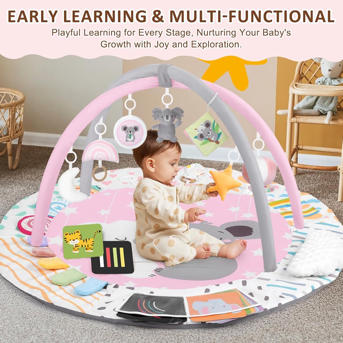 Baby Play Gym & Activity Mat, Tummy Time Mat with Tummy Time Pillow 7 Detachable Sensory Toys and Educational Cards for Motor Skills & Sensory Development, Baby Essentials Shower Gift, Pink Koala