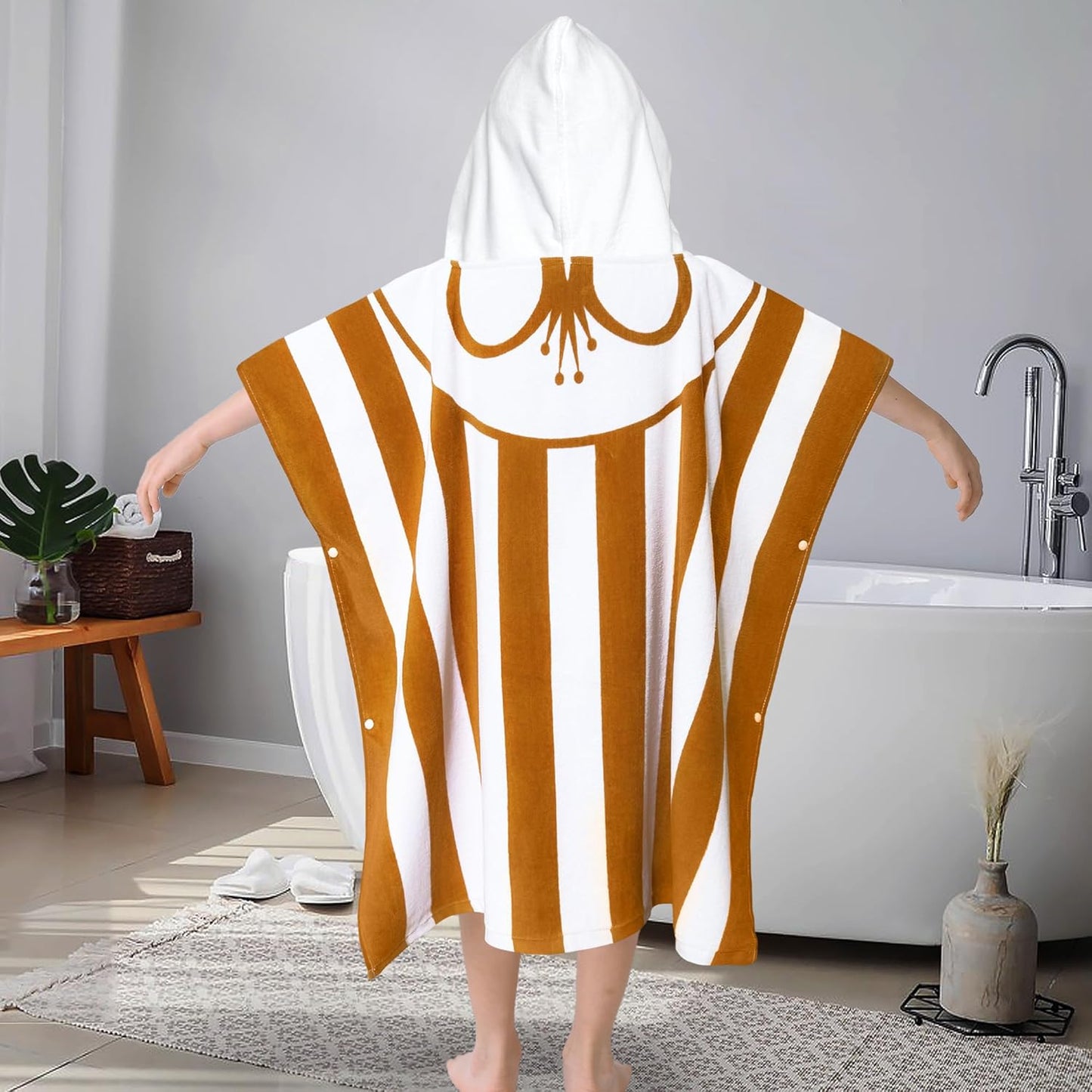 VOOVA & MOVAS Hooded Poncho Towel for Kids (4-8 Years,30"X30") | Soft Absorbent Cotton Towel Robe for Boys & Girls | Versatile Beach, Pool, Swim & Bath Cover-Up | Brown Stripe