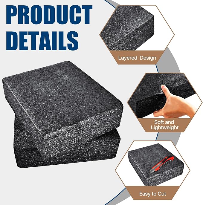 2 PCS Polyethylene Foam Block 12 x 10 x 3.5 In Black Packing Sheet, Thick Foam