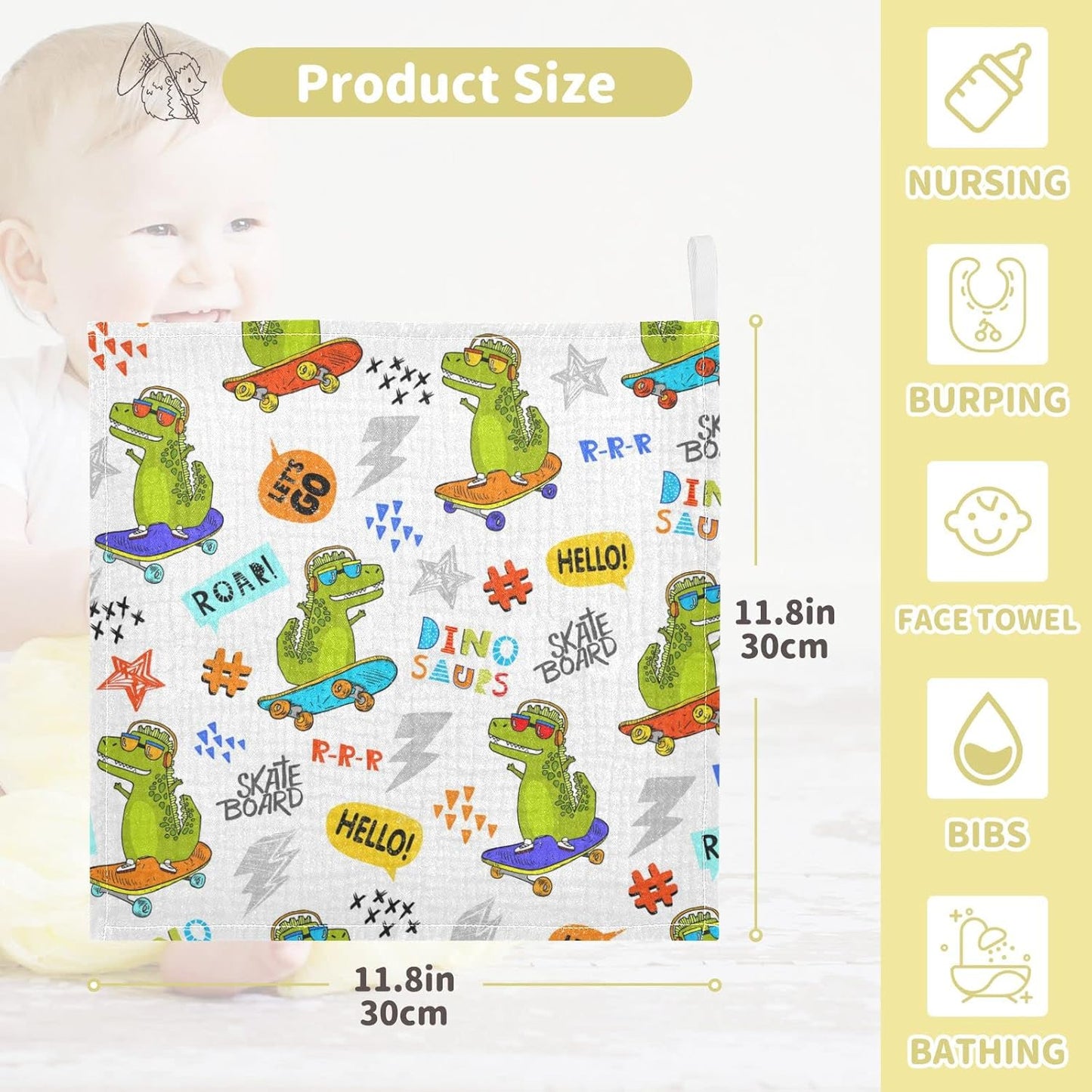 Funny Dinosaur Skateboarding Baby Muslin Washcloths Cartoon Animal Dino Burp Cloths Soft Absorbent Baby Wash Cloth Fingertip Face Towels for Newborn Boys Girls 12 x 12 in, 5 Pack