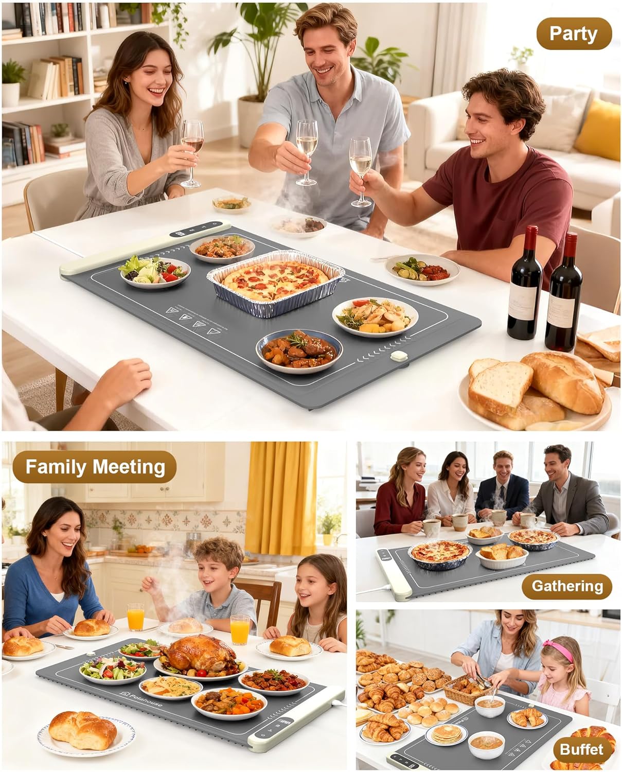 Potahouse® Warming Mat for Food, Graphene Full-Surface Fast Heating, Electric Warming Tray with 6 Temp & Timer Settings, Rollable & Portable Silicone Food Warmer for Parties, Home and Travel, Gray