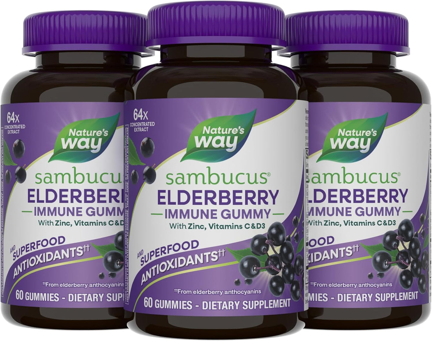 Nature's Way Sambucus Elderberry Immune Support Gummies for Kids & Adults* with Black Elderberry Extract, Vitamin C, Vitamin D3, and Zinc, 60 Gummies (Set of 3)