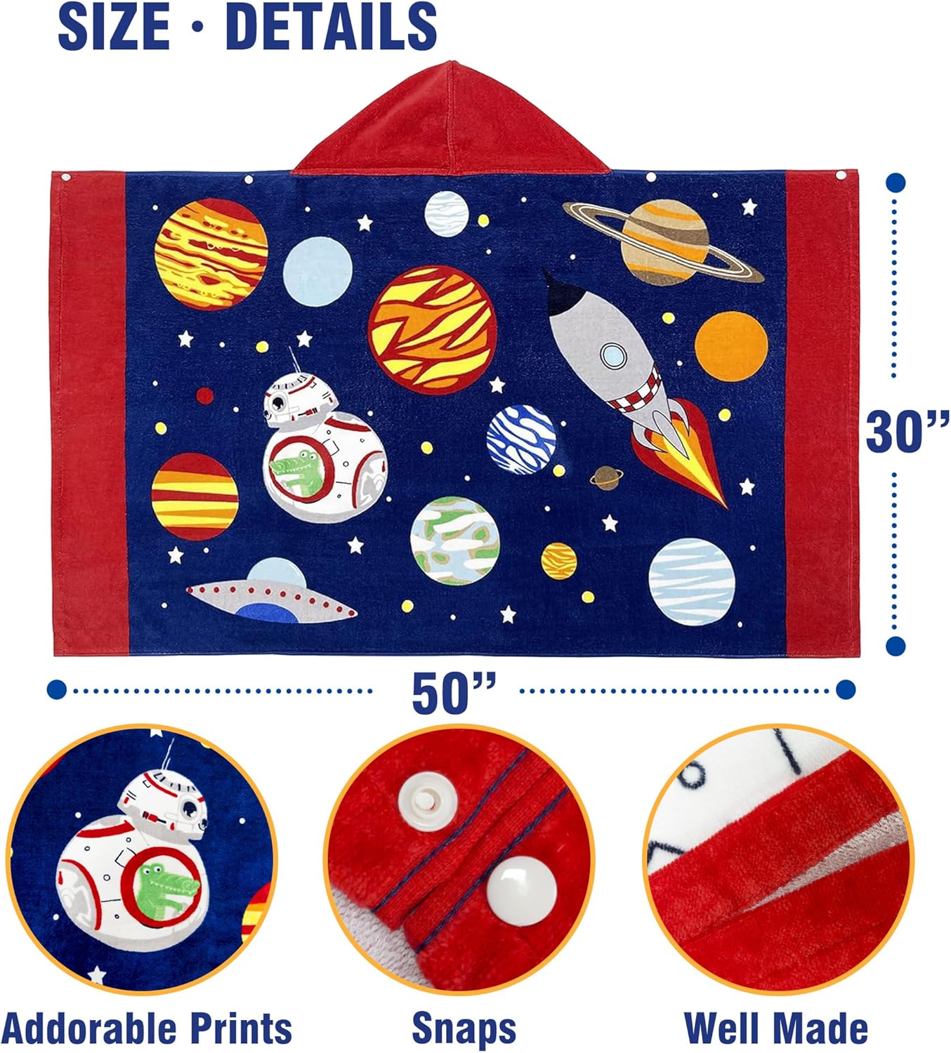 Kids Hooded Bath Towel-Soft Thick 100% Cotton Hooded Beach Towel for Kids 3-10 Years,Absorbent Fast-Drying Cute Toddler Bath & Swim Towel,for Boys & Girls 30"x50"(Space Navy)
