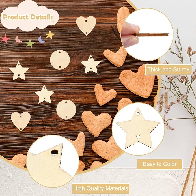 180 pcs 3 Styles Heart Star Theme Unfinished Wood Cutout Charms Flat Round