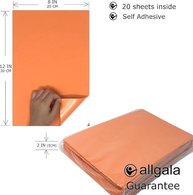 Allgala 20 Pack Self-Adhesive EVA Foam Paper 8x12 Inch Sheets-Orange-CF85407
