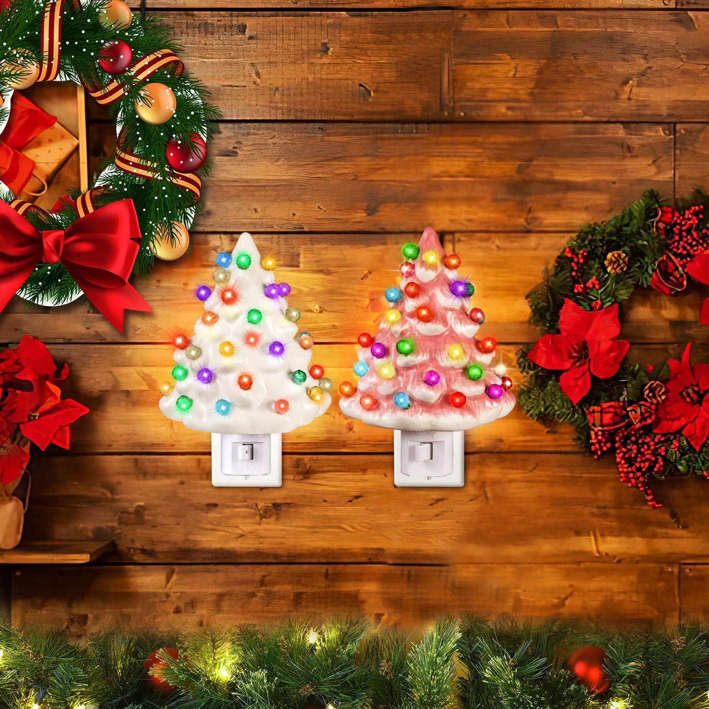 Tfro & Cile Ceramic Christmas Tree Night Light 2 Pack Xmas Decorative Tree Lamp Small Vintage Light Up Bathroom Decor with On/Off Switch for Home Bedroom