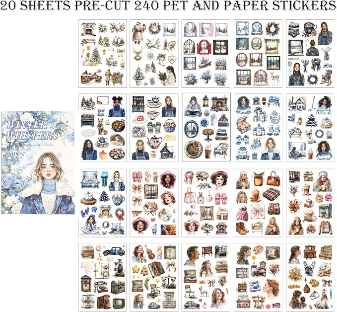 Winter Scrapbook Stickers 20 Sheets 240 Pre-Cut Washi Stickers