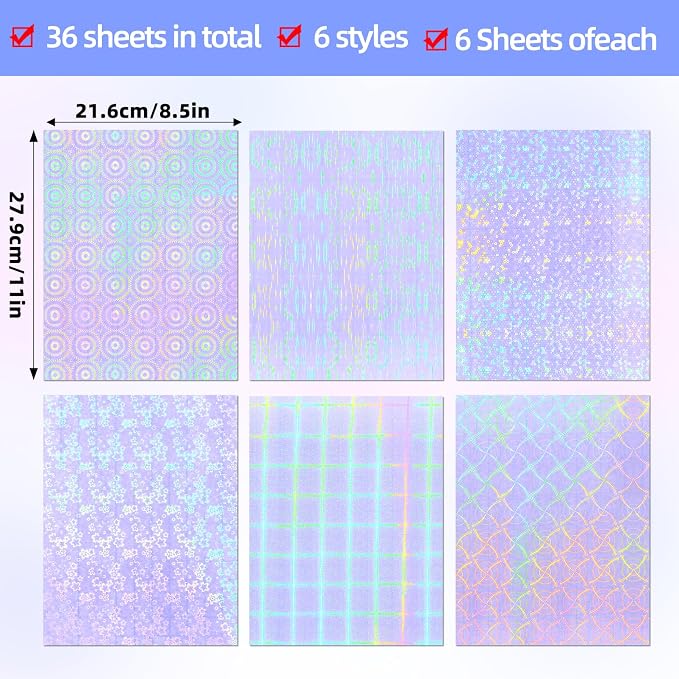 36 Sheets Holographic Laminate Sheets 8.5x11 Inch Self Adhesive 6 Patterns |