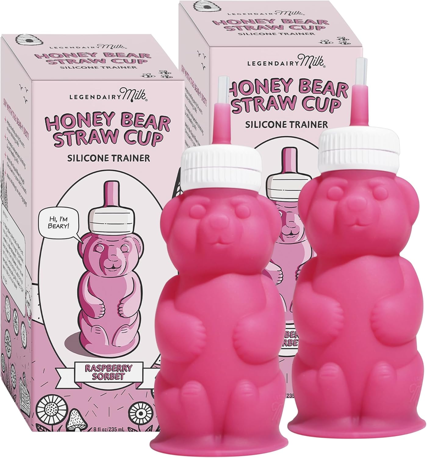 Legendairy Milk Honey Bear Straw Cup Silicone for Babies (Pink), 8 oz. Dishwasher Safe Baby Straw Cup, Food Grade Silicone, Honeybear Sippy Cup for Ages 4+ Months (Pack of 2)