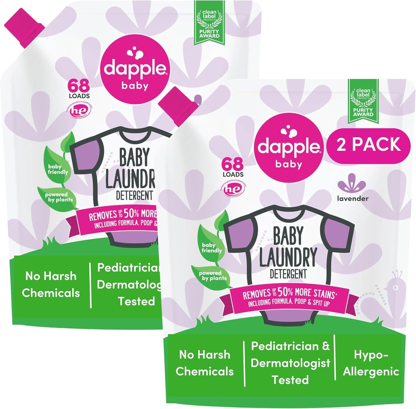 Dapple Baby Laundry Detergent, Powered by Plants, Concentrated, Hypoallergenic, Sweet Lavender, Eco-Friendly Pouch, Stain Remover, 34 Fl Oz (2 Pack)