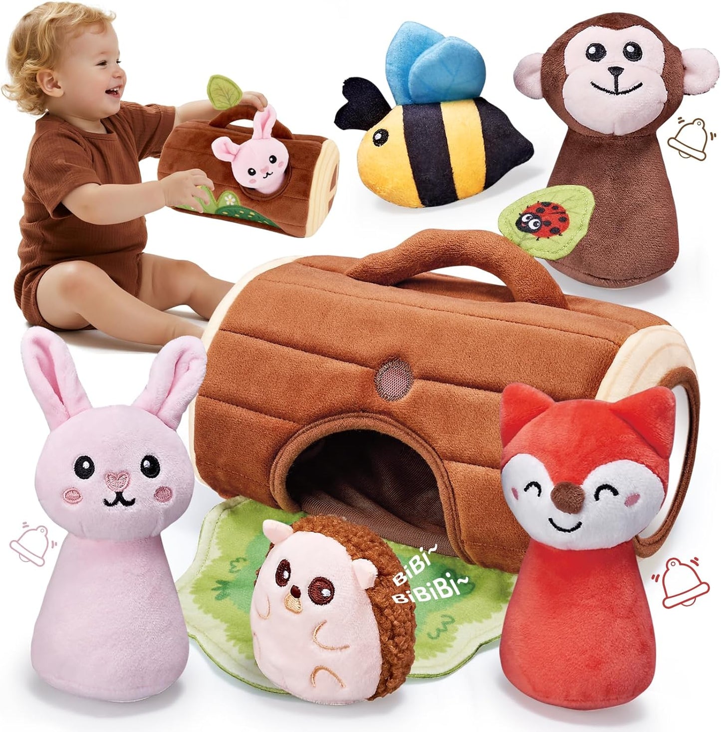 Baby Toys 6-12 Months - Jungle Soft Plush Stuffed Animal Set with Rattle, Squeaker & Mirror - Montessori Sensory Toys for Babies Ball 6 7 8 9 Months, Baby Christmas Birthday Boy Girl Gifts