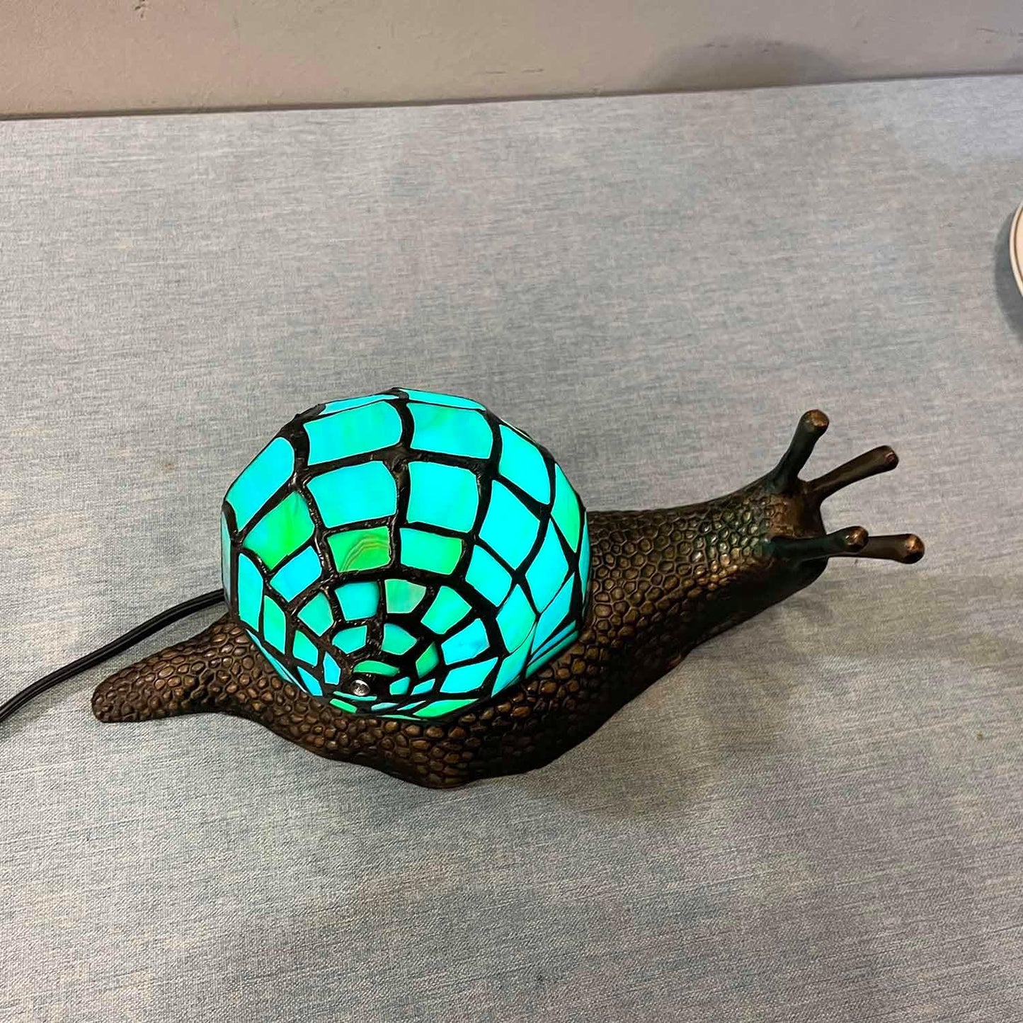 Bieye L10975 Land Snail Tiffany Style Stained Glass Accent Table Lamp for Home Decoration (Cyan, 10" D x 5" W x 5" H)