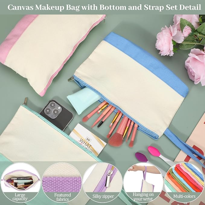 Silkfly 48 Pcs Cotton Canvas Makeup Bags Cosmetic Zipper Bags 10.2 x 5.5 x 2''