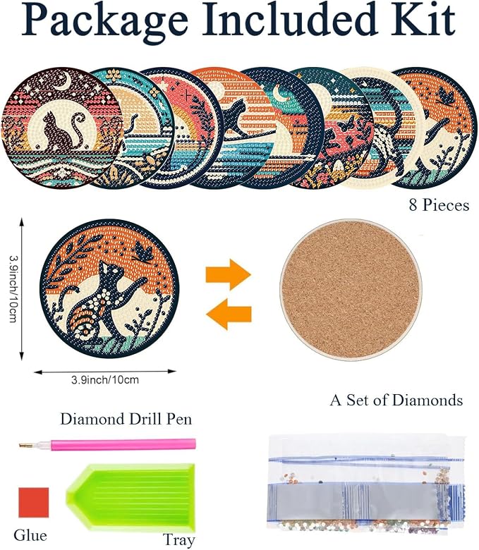 8PCS Diamond Art Coasters Kit, Cat Diamond Painting Coasters